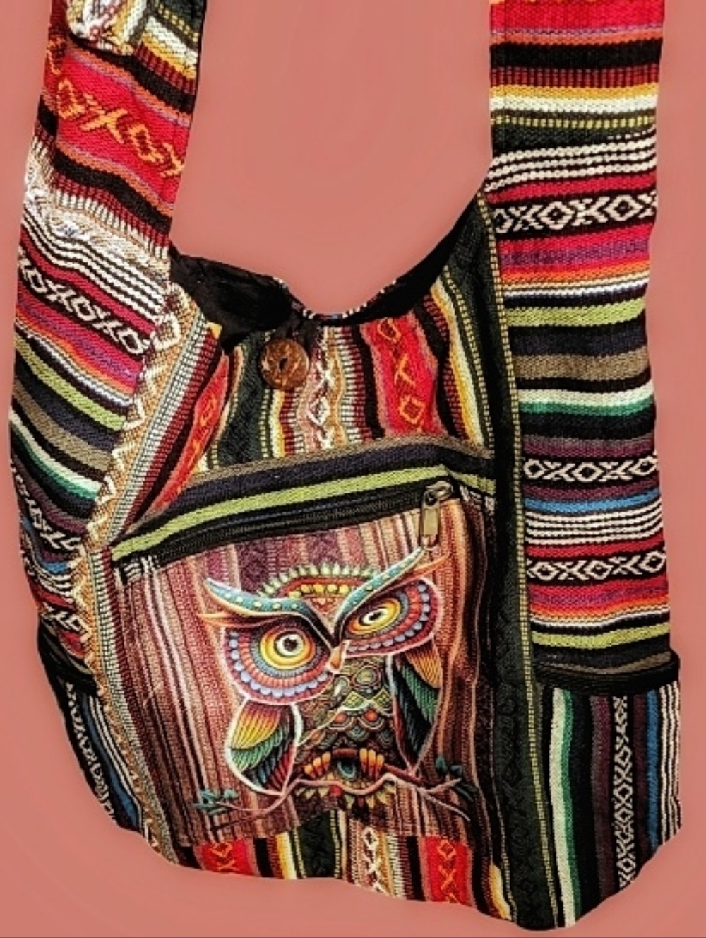 Bohemian Multicolor Striped Hobo Bag With Embroidered Owl Accent